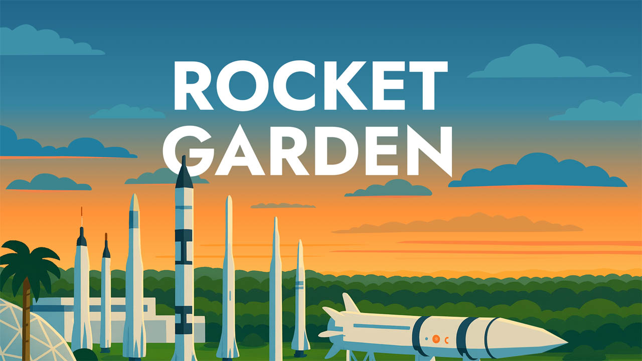 Illustration of the Rocket Garden: a row of rockets and a space shuttle at sunset